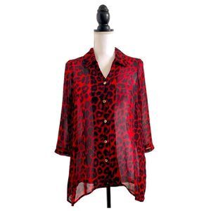 Avon Signature Leopard Print Semi Sheer Button Down Blouse Red & Black Sz Small